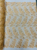 Plant Cluster Design Fabric - Metallic Peach - Embroidered High Quality Lace Fabric by Yard