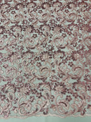 Metallic Flower Design - Pink - Corded Floral Pattern Sequins Fabric Sold By Yard