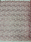 Metallic Flower Design - Pink - Corded Floral Pattern Sequins Fabric Sold By Yard