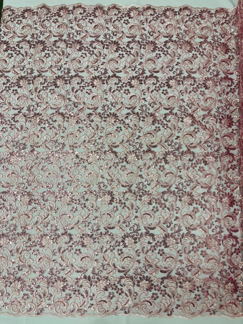 Metallic Flower Design - Pink - Corded Floral Pattern Sequins Fabric Sold By Yard