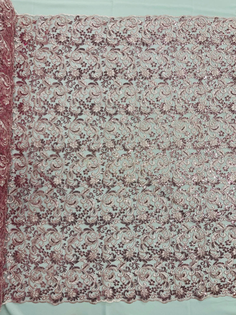 Metallic Flower Design - Pink - Corded Floral Pattern Sequins Fabric Sold By Yard