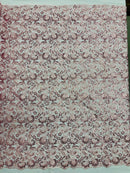 Metallic Flower Design - Pink - Corded Floral Pattern Sequins Fabric Sold By Yard