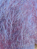 Metallic Fringe Eyelash / Feather - Pink / Silver - Embroidered Fabric with Hanging Details 2 Way Stretch By Yard