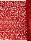 Metallic Flower Design - Red - Corded Floral Pattern Sequins Fabric Sold By Yard