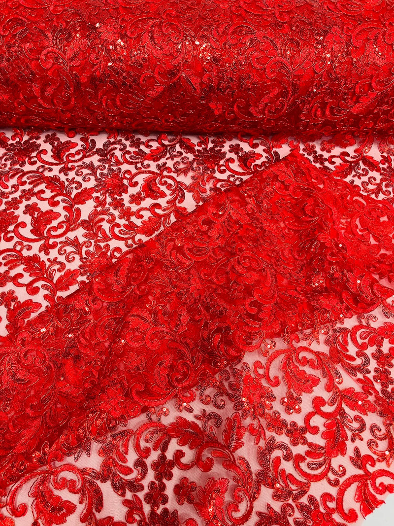 Metallic Flower Design - Red - Corded Floral Pattern Sequins Fabric Sold By Yard