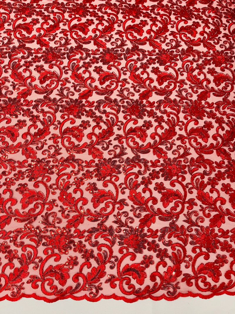 Metallic Flower Design - Red - Corded Floral Pattern Sequins Fabric Sold By Yard