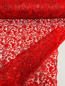 Metallic Flower Design - Red - Corded Floral Pattern Sequins Fabric Sold By Yard
