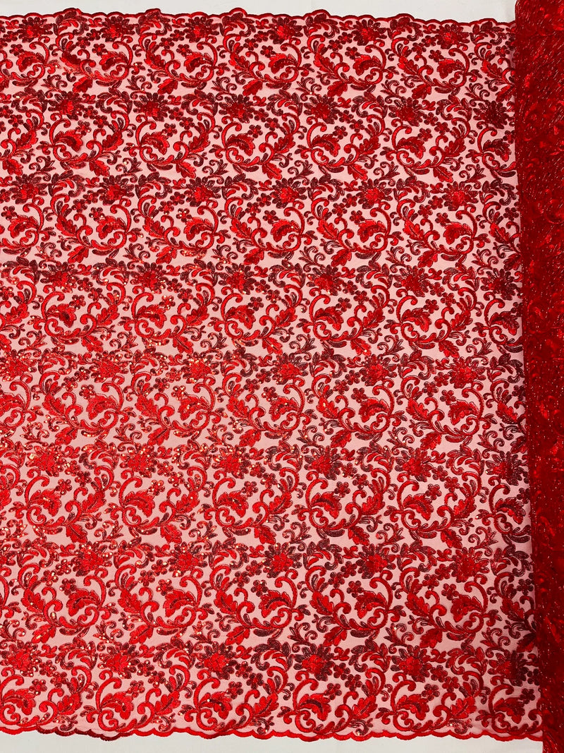 Metallic Flower Design - Red - Corded Floral Pattern Sequins Fabric Sold By Yard