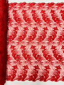 Plant Cluster Design Fabric - Metallic Red - Embroidered High Quality Lace Fabric by Yard