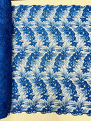 Plant Cluster Design Fabric - Metallic Royal Blue Embroidered High Quality Lace Fabric by Yard