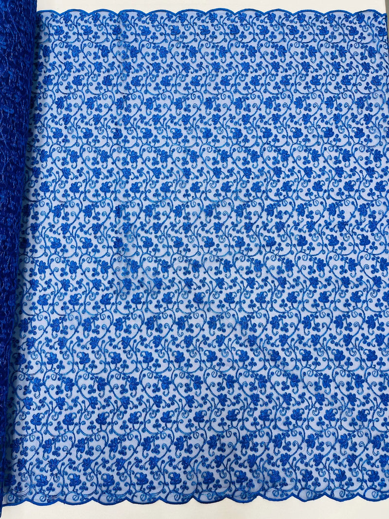 Metallic Corded Lace Fabric - Metallic Royal Blue Flower Design Embroidered on Mesh Lace Fabric By Yard