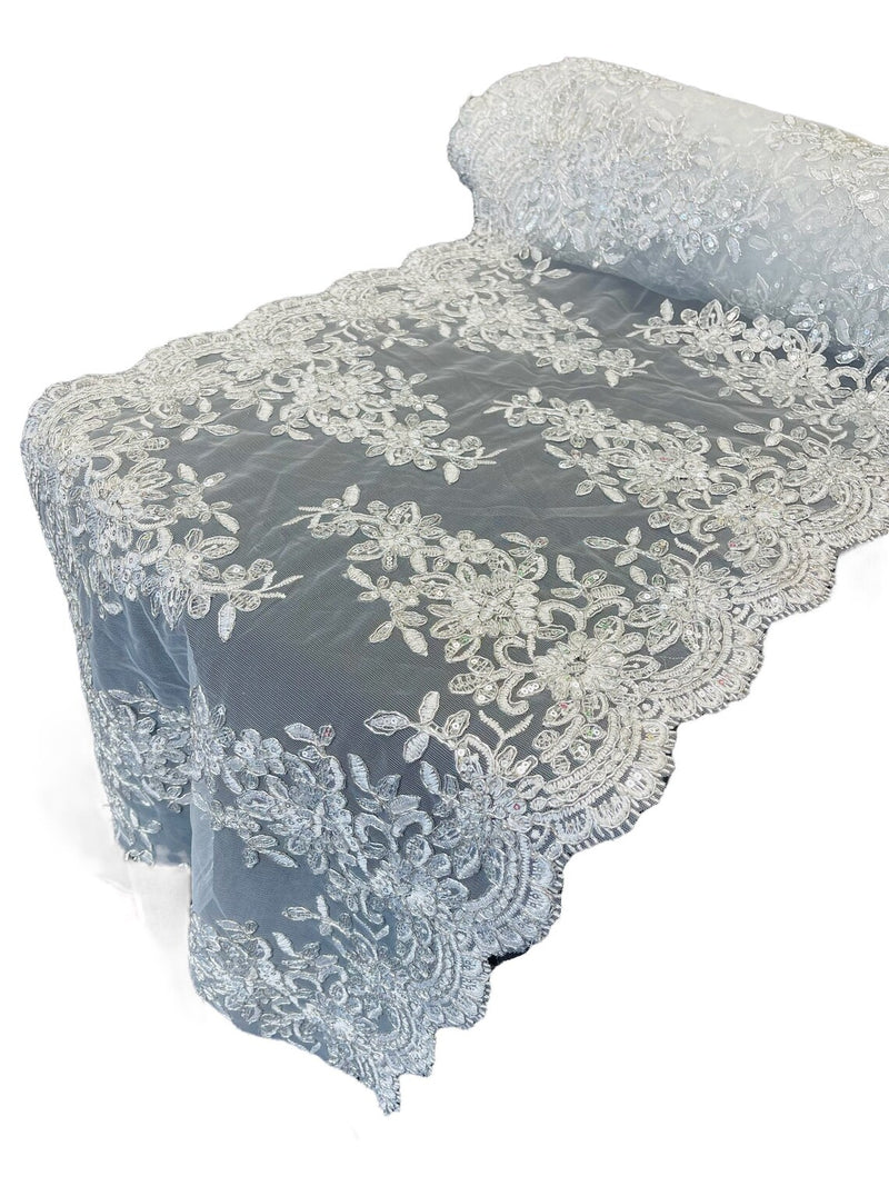Floral Sequins Cluster Design - Metallic Silver - 14" Embroidered Floral Design Table Runner Sold By Yard
