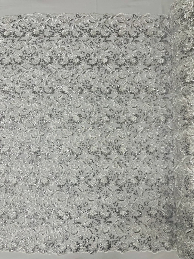 Metallic Flower Design - Silver - Corded Floral Pattern Sequins Fabric Sold By Yard