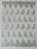 Plant Cluster Sequins Design - Metallic Silver - Flower Sequins Embroidered Design on Tulle Sold By Yard