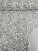 Metallic Flower Design - Silver - Corded Floral Pattern Sequins Fabric Sold By Yard