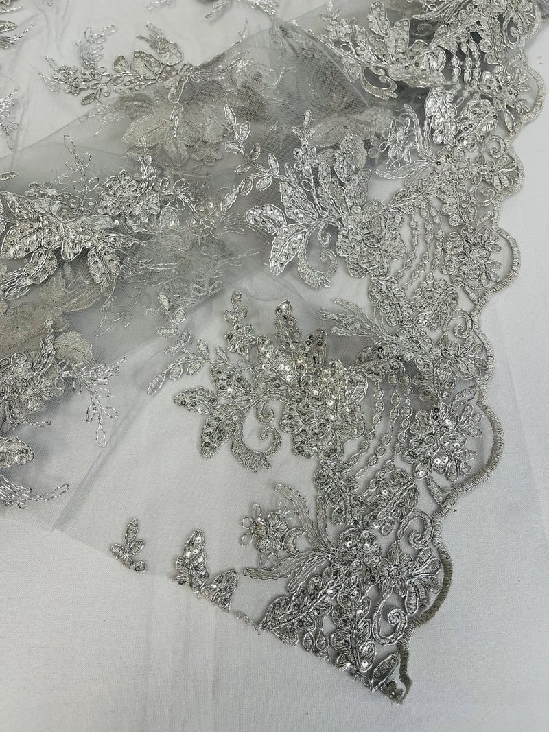 Plant Cluster Sequins Design - Metallic Silver - Flower Sequins Embroidered Design on Tulle Sold By Yard