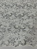 Metallic Flower Design - Silver - Corded Floral Pattern Sequins Fabric Sold By Yard