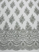 Flower Cluster Beaded Fabric - Metallic Silver - Embroidered Beaded Layered Border Fabric Sold By Yard