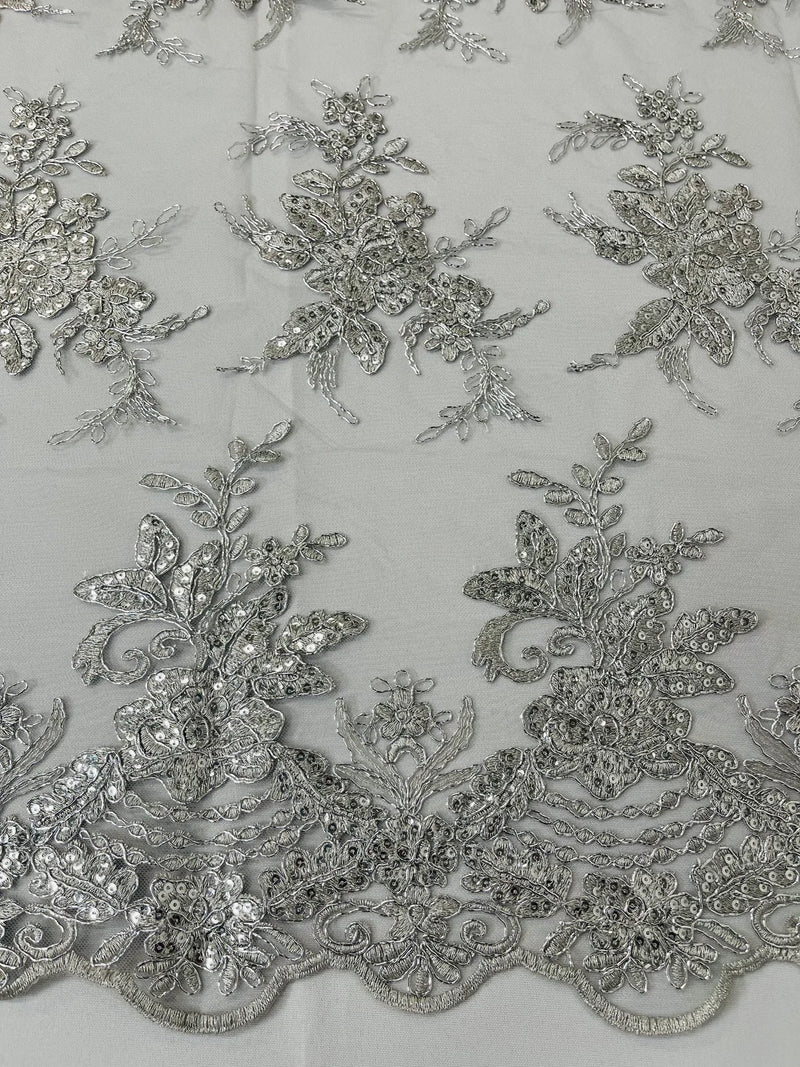 Plant Cluster Sequins Design - Metallic Silver - Flower Sequins Embroidered Design on Tulle Sold By Yard