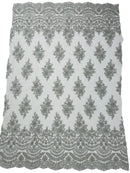 Flower Cluster Beaded Fabric - Metallic Silver - Embroidered Beaded Layered Border Fabric Sold By Yard