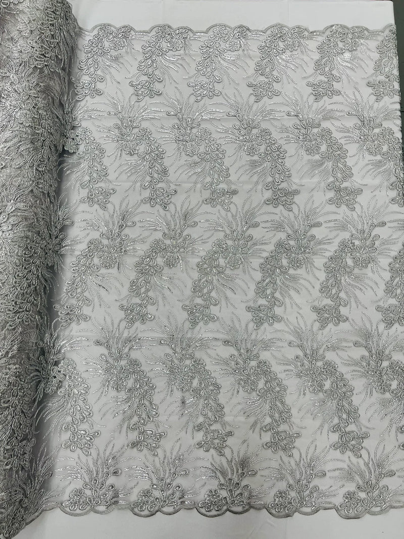 Plant Cluster Design Fabric - Metallic Silver - Embroidered High Quality Lace Fabric by Yard
