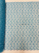 Metallic Corded Lace Fabric - Metallic Turquoise - Flower Design Embroidered on Mesh Lace Fabric By Yard