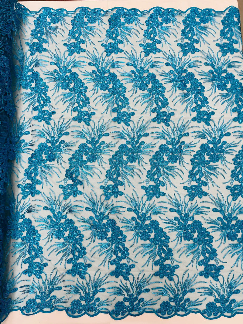 Plant Cluster Design Fabric - Metallic Turquoise - Embroidered High Quality Lace Fabric by Yard