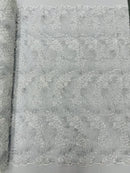 Plant Cluster Design Fabric - Metallic White/Silver - Embroidered High Quality Lace Fabric by Yard