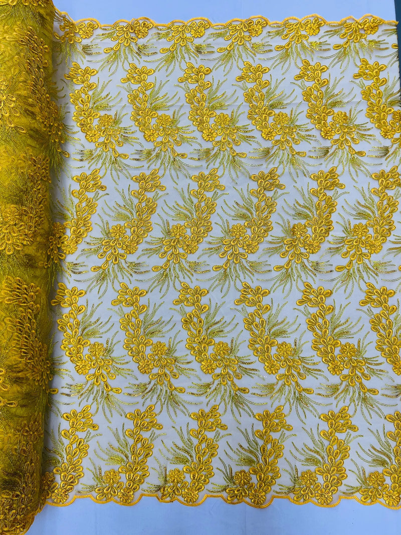 Plant Cluster Design Fabric - Metallic Yellow - Embroidered High Quality Lace Fabric by Yard