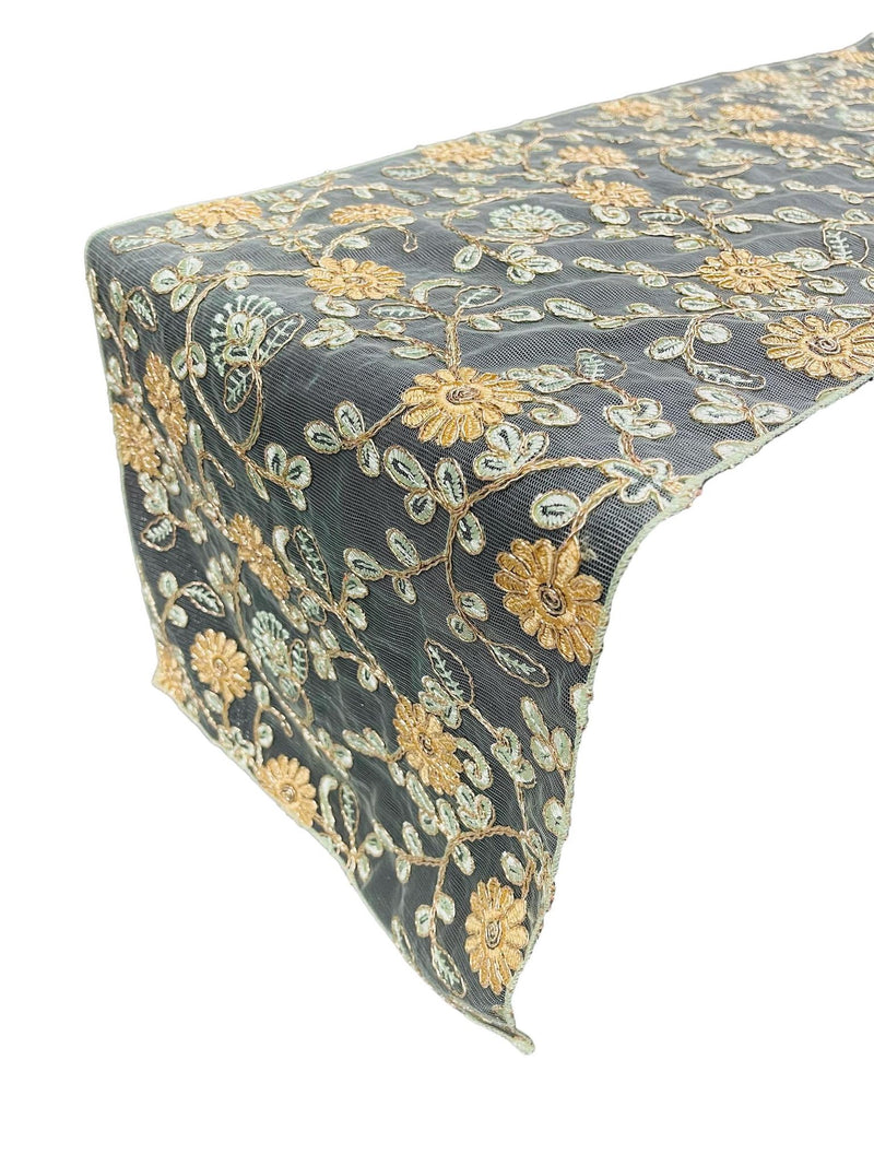12" x 90" Metallic Floral Table Runner - Gold / Mint - Floral Table Runners for Event Decoration