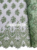 Floral Cluster Beaded Fabric - Mint - Embroidered Fancy Fashion Design Beads and Sequins Sold by yard