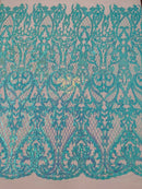 Heart Shape Sequins Fabric - Mint - 4 Way Stretch Sequins Damask Fabric By Yard