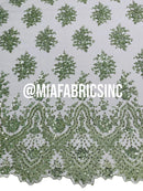 Floral Cluster Beaded Fabric - Mint - Embroidered Fancy Fashion Design Beads and Sequins Sold by yard