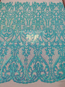 Heart Shape Sequins Fabric - Mint - 4 Way Stretch Sequins Damask Fabric By Yard