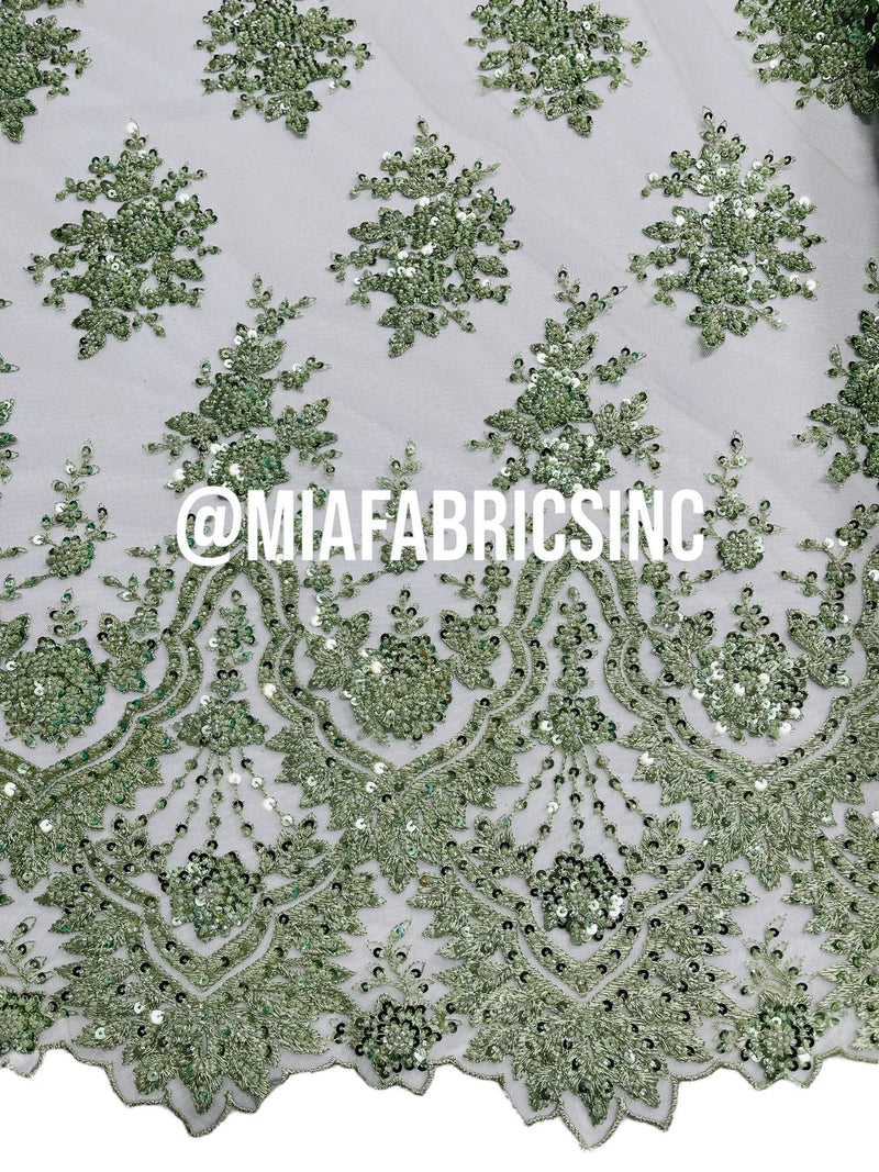 Floral Cluster Beaded Fabric - Mint - Embroidered Fancy Fashion Design Beads and Sequins Sold by yard