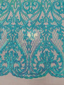 Heart Shape Sequins Fabric - Mint - 4 Way Stretch Sequins Damask Fabric By Yard