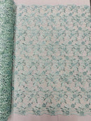 Small Flower Plant Fabric - Mint - Floral Embroidered Design on Lace Mesh By Yard