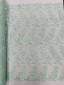 Plant Cluster Design Fabric - Mint - Embroidered High Quality Lace Fabric by Yard