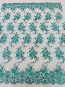 Floral Fabric - Mint - Sold By Yard Embroidered Roses With Sequins on a Mesh Lace Fabric