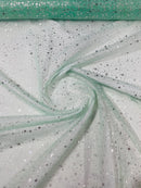 Foil Star Sheer Organza - Silver On Mint - 60" Sheer Silver Star Organza Fabric Sold By Yard