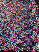 Multi-Color Spandex Sequins - Fuchsia / Turquoise / Silver - Sequins on 4 Way Stretch Mesh Fabric By Yard
