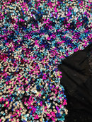 Multi-Color Spandex Sequins - Fuchsia / Turquoise / Silver - Sequins on 4 Way Stretch Mesh Fabric By Yard