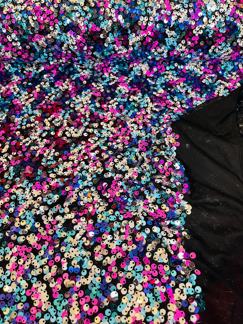 Multi-Color Spandex Sequins - Fuchsia / Turquoise / Silver - Sequins on 4 Way Stretch Mesh Fabric By Yard