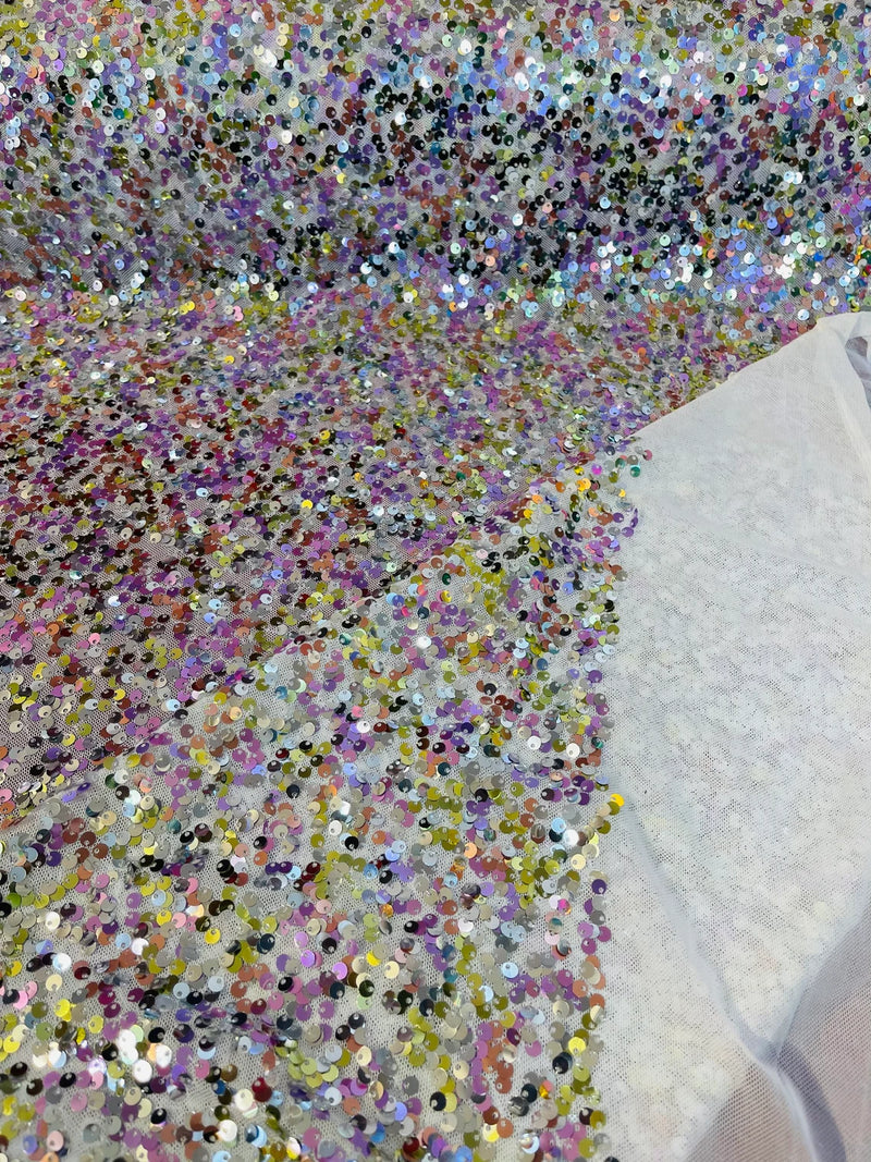 Multi-Color Spandex Sequins - Gold / Pink / Silver - Sequins on 4 Way Stretch Mesh Fabric By Yard