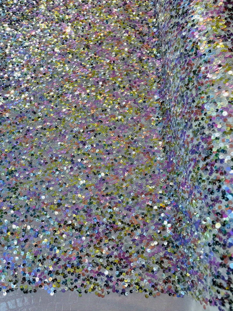 Multi-Color Spandex Sequins - Gold / Pink / Silver - Sequins on 4 Way Stretch Mesh Fabric By Yard