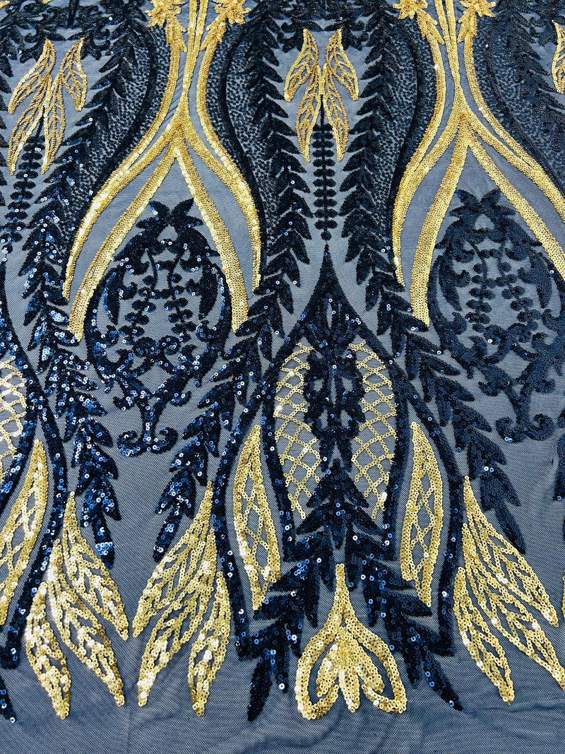 Two Tone Mermaid Fabric - Navy Blue / Gold - 4 Way Stretch Sequins Fabric on Mesh By Yard