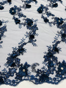3D Flower Sequin Cluster Design - Navy Blue - Sequins Embroidered Floral Design on Tulle Sold By Yard