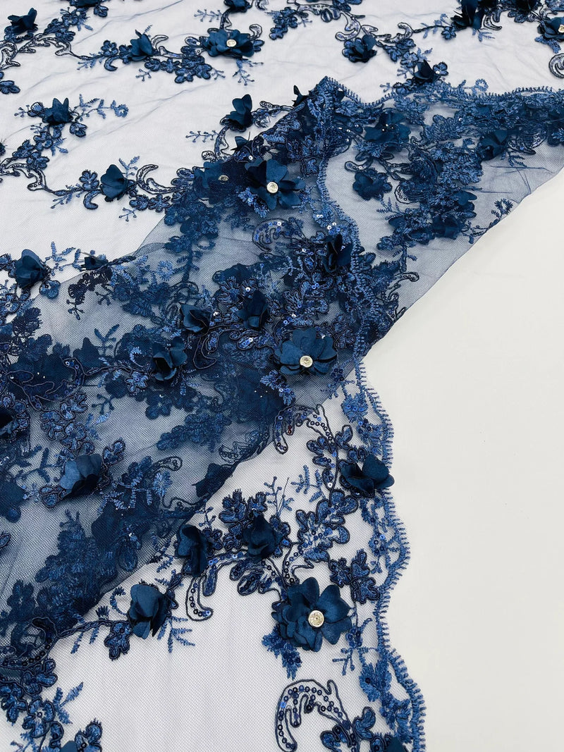 3D Flower Sequin Cluster Design - Navy Blue - Sequins Embroidered Floral Design on Tulle Sold By Yard