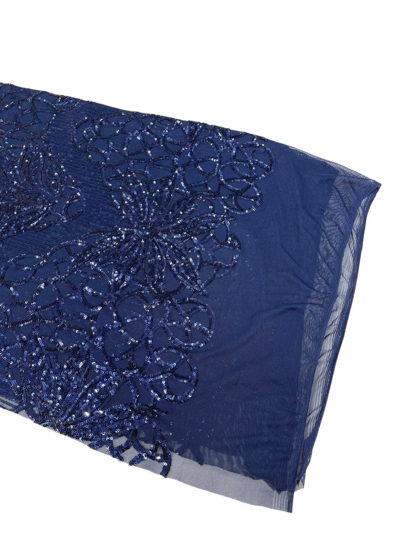 Floral Star Leaf Design - Navy Blue - 4 Way Stretch Sequin Floral Design on Mesh By Yard