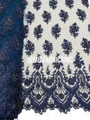 Floral Cluster Beaded Fabric - Navy Blue - Embroidered Fancy Fashion Design Beads and Sequins Sold by yard